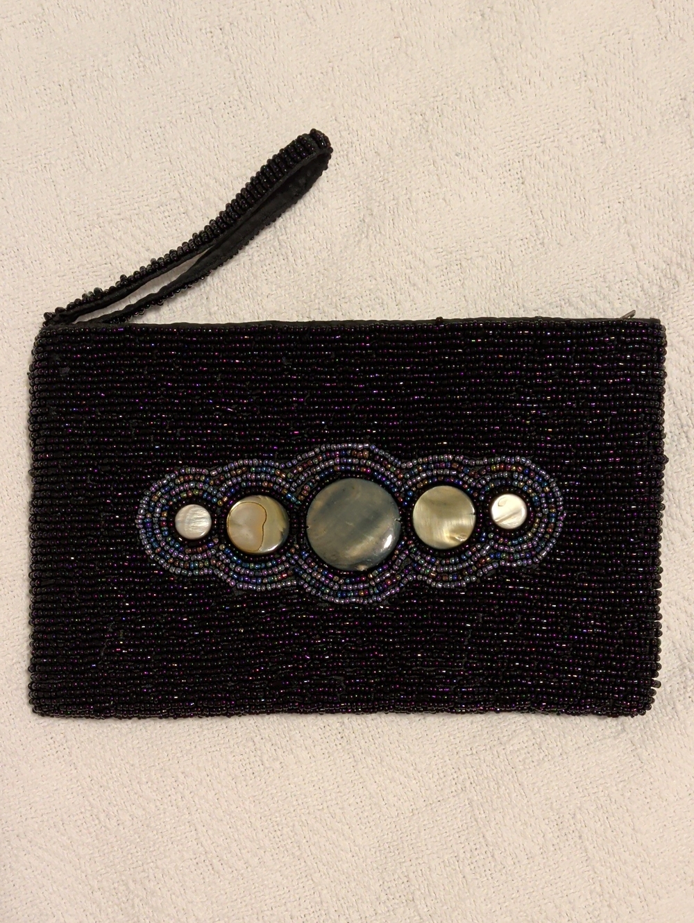 Beaded Black Wristlet Clutch with Decorative Shell Accents
